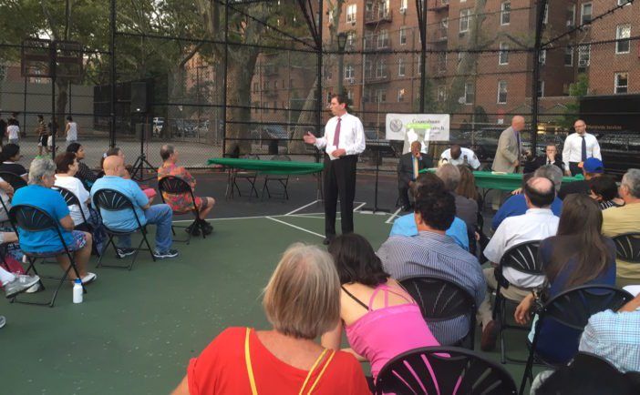 Councilman Chaim Deutsch leads community forum at Homecrest Playground. (Photo: James Sienkievic / Sheepshead Bites) 