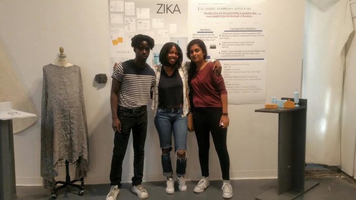 Left to Right: High school students, Shane Smith, Wanda Cano, and Maria Hashmi present their Zika project at Pratt Institute. (Photo: Elizabeth Elizalde / Fort Greene Focus)