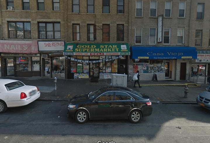 A Sunset Park street fight outside the Gold Star Supermarket left a toddler bleeding after a man threw a bottle at him, missing his target Tuesday morning. (Photo via Google Maps)