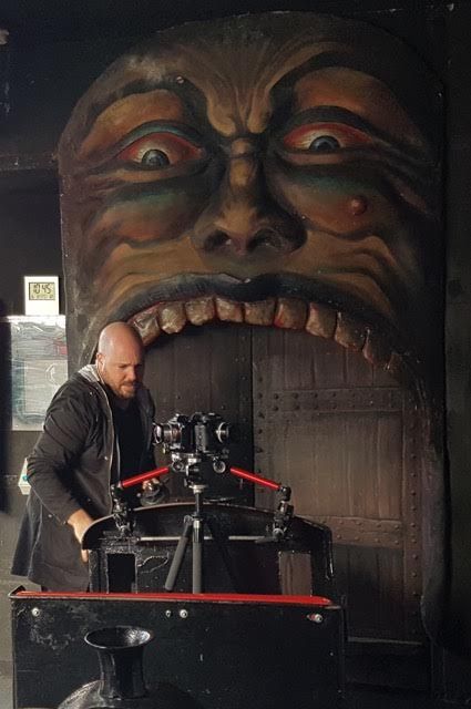 Joel Zika with his custom built ghost train Virtual Reality Rig. Photo by Kate Moon