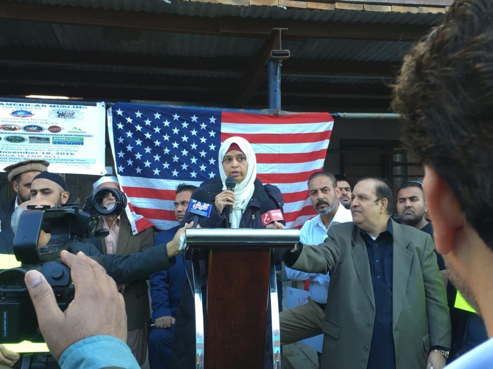 "We will continue to protect the rights of a city built on immigrants" Sarah Sayeed from the Mayor's office at Voice of American Muslims unity event on Coney Island Avenue. (Photo by Ditmas Park Corner)