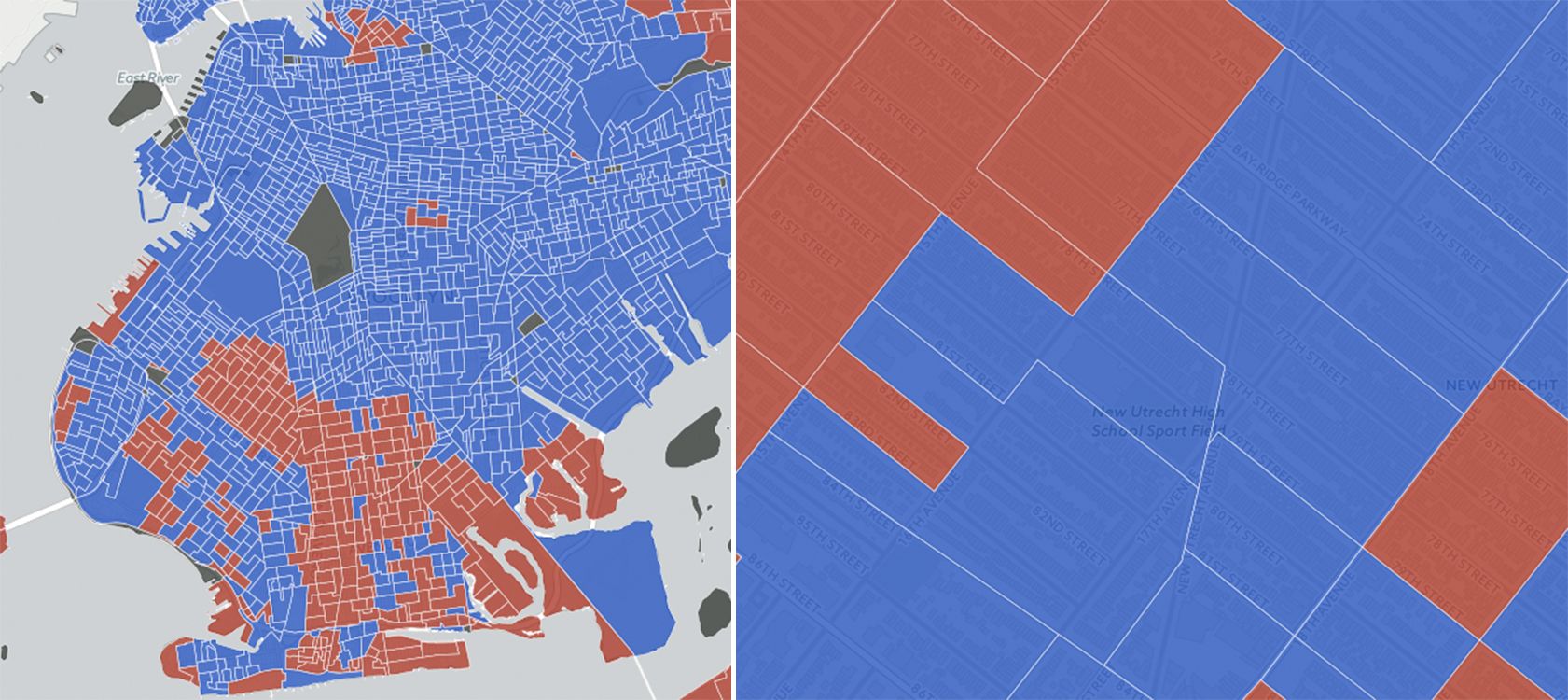 How Brooklyn voted, and how the district New Utrecht is located in voted, according to an election map created by DNAinfo