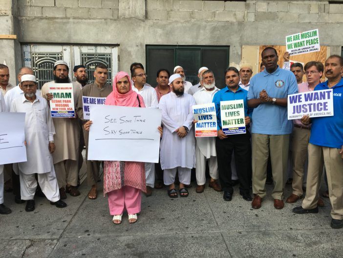 Neighbors rally outside of Makki Masjid in August. (Photo by Ditmas Park Corner)