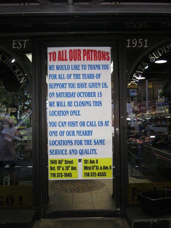 A sign posted on the front door of Meats before it closed. (Photo by Hannah Frishberg / Bensonhurst Bean)