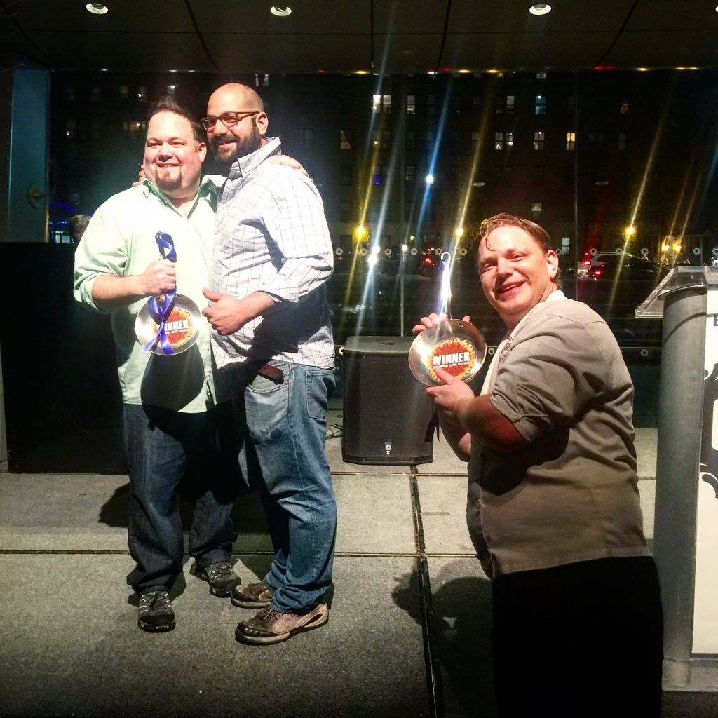 Judge's Choice winner Ryan Juronik of Benchmark (front) photobombing the People's Choice winning team of Shelsky's (background). (Courtesy BKLYNER/Justin Fox)