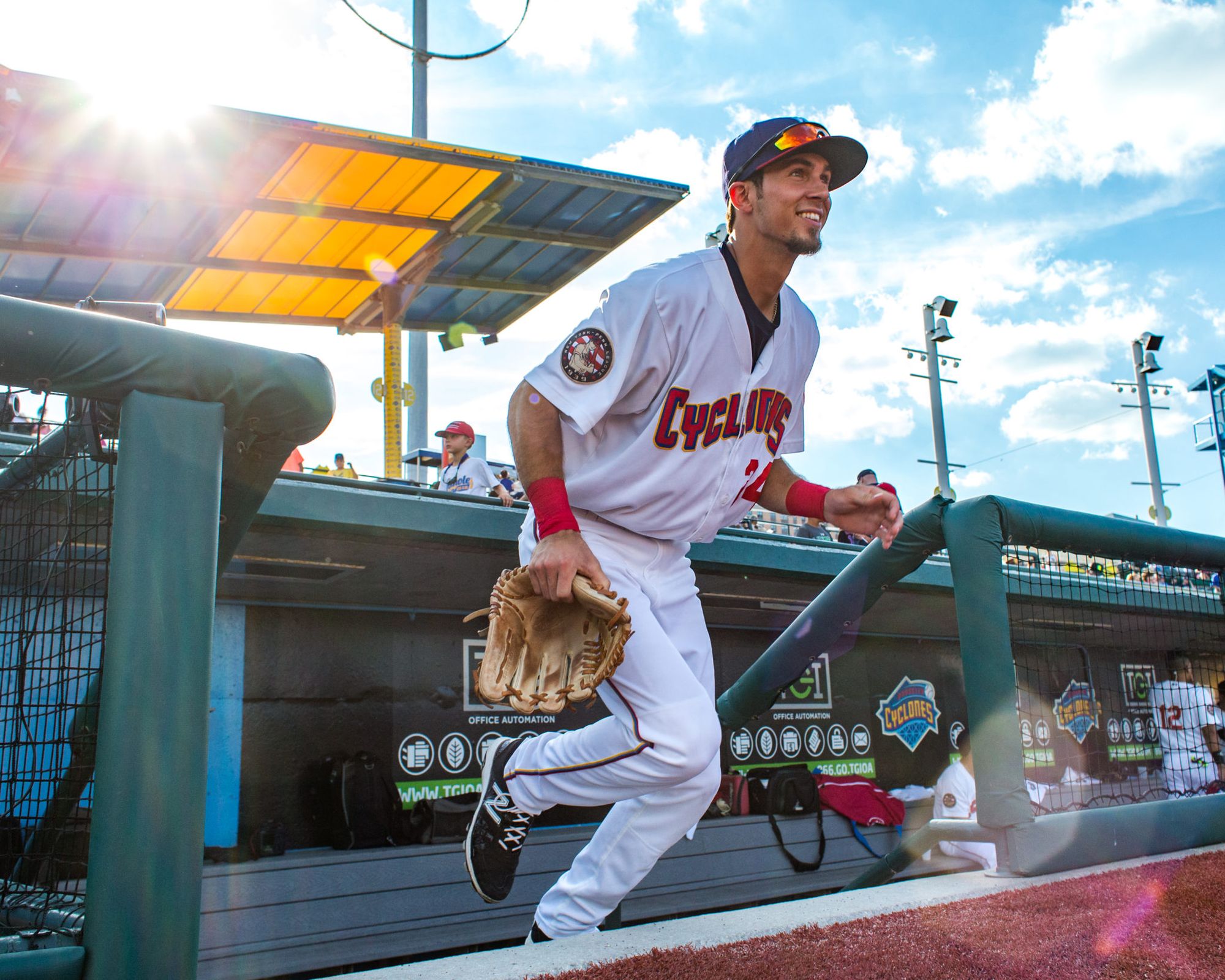 Brooklyn Cyclones mascot Sandy the Seagull in dugout before game